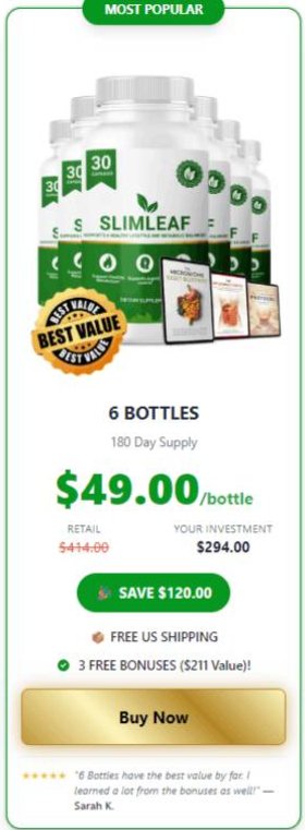 SlimLeaf 6 bottle best value promotion with savings and free US shipping